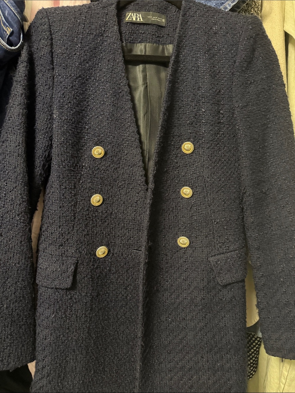 ZARA Navy Bouclé Double-Breasted Pea Coat with Gold Buttons